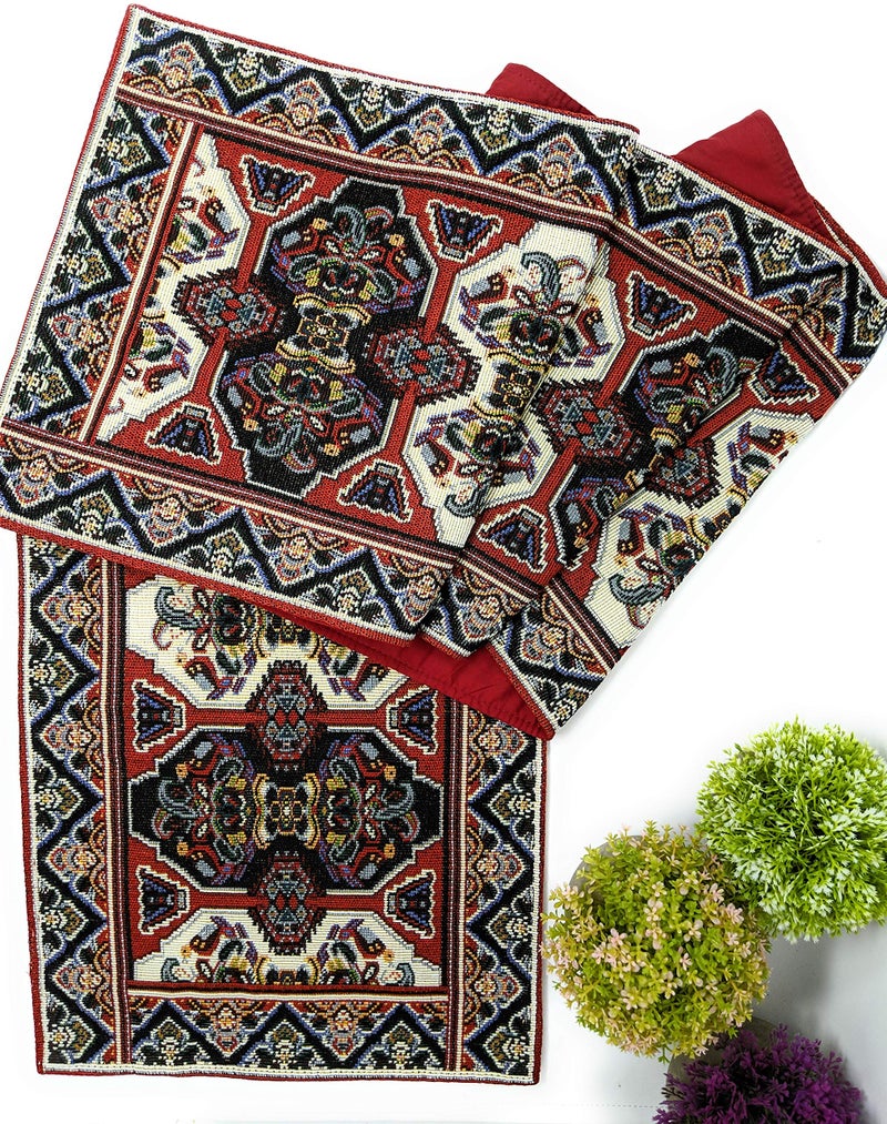 DaDa Bedding Majestic Red Kilim Rug Tapestry Dining Table Runner - Woven Elegant Intricate Floral Ornate - Royal Persian Rug Style Traditional Decorative Cotton Linen Kitchen Mats - 13" x 90" - Image 1